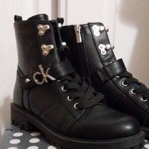 Calvin Klein Black Leather Boots with Silver Accents